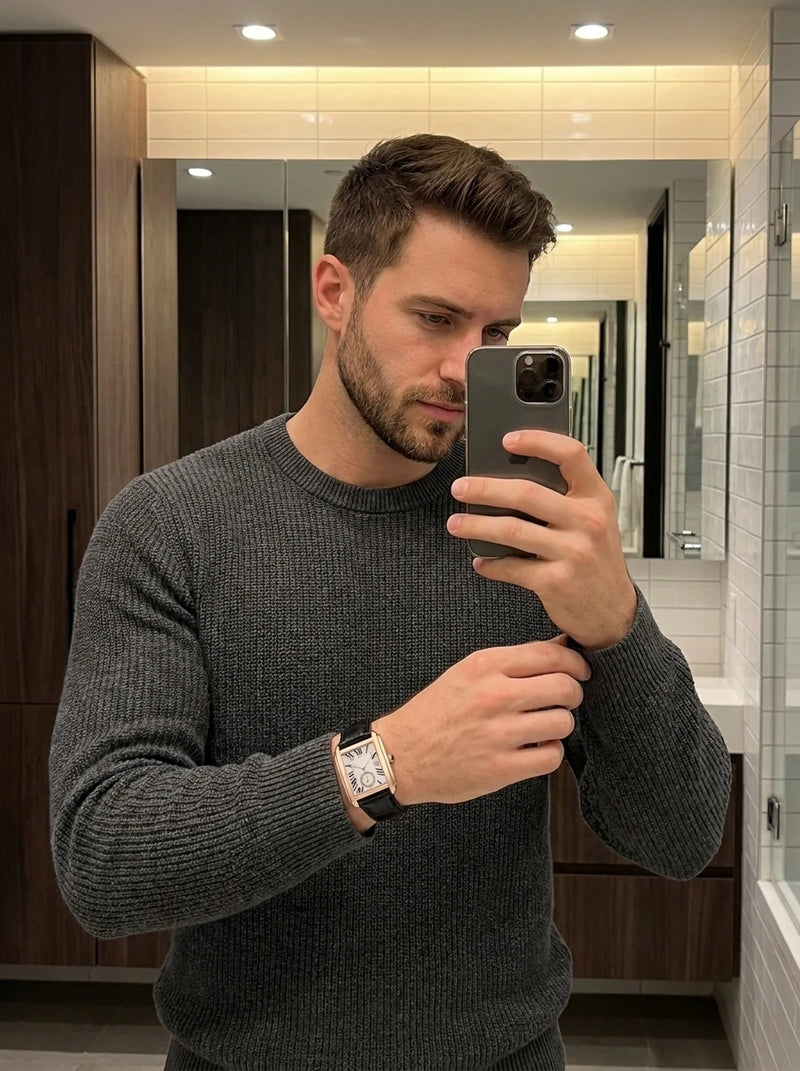 Man wearing The Founder with a grey knit sweater